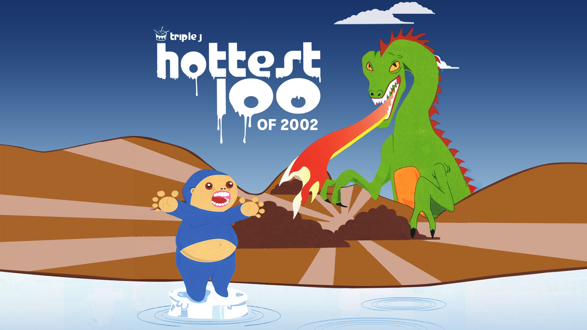 卡通画中有一条喷火的龙和一个站在水体中的冰山上的人